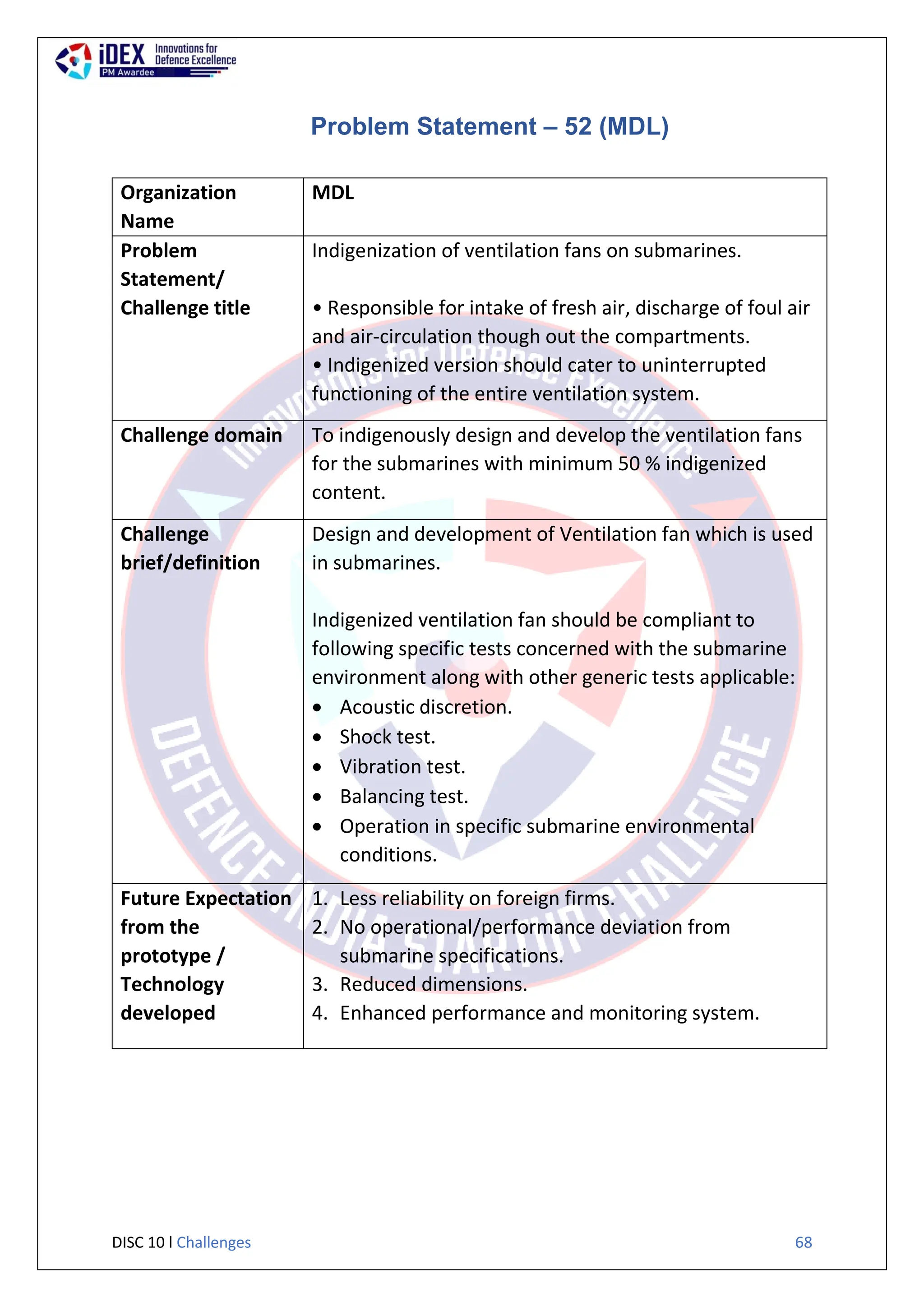 DISC 10 l Challenges 68
Problem Statement – 52 (MDL)
Organization
Name
MDL
Problem
Statement/
Challenge title
Indigenization of ventilation fans on submarines.
• Responsible for intake of fresh air, discharge of foul air
and air-circulation though out the compartments.
• Indigenized version should cater to uninterrupted
functioning of the entire ventilation system.
Challenge domain To indigenously design and develop the ventilation fans
for the submarines with minimum 50 % indigenized
content.
Challenge
brief/definition
Design and development of Ventilation fan which is used
in submarines.
Indigenized ventilation fan should be compliant to
following specific tests concerned with the submarine
environment along with other generic tests applicable:
 Acoustic discretion.
 Shock test.
 Vibration test.
 Balancing test.
 Operation in specific submarine environmental
conditions.
Future Expectation
from the
prototype /
Technology
developed
1. Less reliability on foreign firms.
2. No operational/performance deviation from
submarine specifications.
3. Reduced dimensions.
4. Enhanced performance and monitoring system.
 