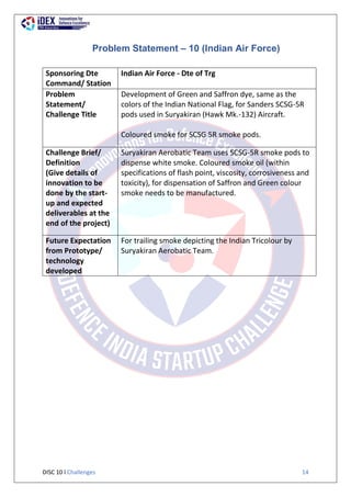 DISC 10 l Challenges 14
Problem Statement – 10 (Indian Air Force)
Sponsoring Dte
Command/ Station
Indian Air Force - Dte of Trg
Problem
Statement/
Challenge Title
Development of Green and Saffron dye, same as the
colors of the Indian National Flag, for Sanders SCSG-5R
pods used in Suryakiran (Hawk Mk.-132) Aircraft.
Coloured smoke for SCSG 5R smoke pods.
Challenge Brief/
Definition
(Give details of
innovation to be
done by the start-
up and expected
deliverables at the
end of the project)
Suryakiran Aerobatic Team uses SCSG-5R smoke pods to
dispense white smoke. Coloured smoke oil (within
specifications of flash point, viscosity, corrosiveness and
toxicity), for dispensation of Saffron and Green colour
smoke needs to be manufactured.
Future Expectation
from Prototype/
technology
developed
For trailing smoke depicting the Indian Tricolour by
Suryakiran Aerobatic Team.
 