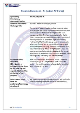 DISC 10 l Challenges 18
Problem Statement – 14 (Indian Air Force)
Sponsoring
Directorate/
Command/Station
AIR HQ VB (OPS H)
Problem Statement/
Challenge title
Wireless Headset for flight gunner.
The current/ legacy headsets allow external noise
from engine and rotors to hinder the communication
between crew, thereby reducing crew SA and
hampering CRM. This has connotations for flight
safety, as well as the health of aircrew (possibility of
hearing loss due to persistent high noise levels).
Further, the MLH fleet is being used in various roles
where the Flt Gnr has to go outside the cargo and
assist the operations (e.g. handling underslung load,
crowd control etc). While doing the same he is not
able to communicate with the Capt and vice versa.
Availability of wireless communication between them
would greatly aid safety and efficacy of ops.
Challenge Brief/
Definition
(Give details of
innovation to be done
by the start-up and
expected deliverables
at the end of the
project)
A secure/ encrypted, ergonomic, noise cancelling,
wireless (range of 50m) headset with adequate
battery life and, integrated (plug and play capable)
with existing ICS of MLH.
Future expectation
from the
prototype/Technology
developed
Nil, (One-time successful development will suffice for
foreseeable requirements till MLH are in service)
 