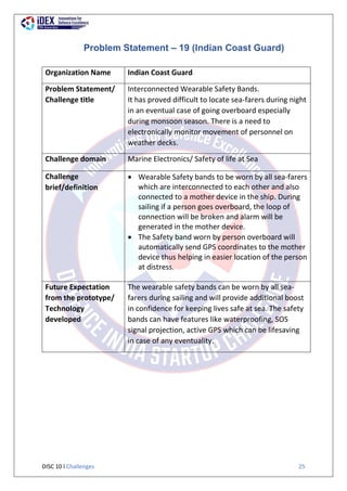 DISC 10 l Challenges 25
Problem Statement – 19 (Indian Coast Guard)
Organization Name Indian Coast Guard
Problem Statement/
Challenge title
Interconnected Wearable Safety Bands.
It has proved difficult to locate sea-farers during night
in an eventual case of going overboard especially
during monsoon season. There is a need to
electronically monitor movement of personnel on
weather decks.
Challenge domain Marine Electronics/ Safety of life at Sea
Challenge
brief/definition
 Wearable Safety bands to be worn by all sea-farers
which are interconnected to each other and also
connected to a mother device in the ship. During
sailing if a person goes overboard, the loop of
connection will be broken and alarm will be
generated in the mother device.
 The Safety band worn by person overboard will
automatically send GPS coordinates to the mother
device thus helping in easier location of the person
at distress.
Future Expectation
from the prototype/
Technology
developed
The wearable safety bands can be worn by all sea-
farers during sailing and will provide additional boost
in confidence for keeping lives safe at sea. The safety
bands can have features like waterproofing, SOS
signal projection, active GPS which can be lifesaving
in case of any eventuality.
 
