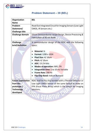 DISC 10 l Challenges 54
Problem Statement – 39 (BEL)
Organization
Name
BEL
Problem
Statement/
Challenge title
Read Out Integrated Circuit for Imaging Sensors (Low Light
CMOS, IR Sensors etc.)
Challenge domain Silicon Semiconductor recipe Design, Device Processing &
Fabrication at 40 nm Node.
Challenge
brief/definition
Si semiconductor design of the ROIC with the following
specs:
 Material: Si
 Format: 1280 x 1024
 Pixel Size: 4/ 10um
 Pitch: 4/ 10um
 ADC: 13 /14 bits
 Modes of operation: IWR, ITR
 Integration time: 1 to 10 ms Variable
 Frame Rate: 200 Hz
 Flip Chip Bond: Indium Bumped
Future Expectation
from the
prototype /
Technology
developed
ROIC shall be flip chip bonded with a Thermal Detector or
Low Light CMOS Sensor of the same format to make an
FPA (Focal Plane Array) which is the sensor for imaging
solutions.
 