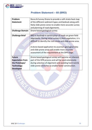 DISC 10 l Challenges 79
Problem Statement – 60 (BRO)
Problem
Statement
Recce & Survey Drone to provide a soft strata heat map
of the different sediment types and bedrock along with
likely slide-prone zones to enable more accurate survey
and planning of road alignments.
Challenge Domain Drone based geological survey
Challenge Brief BRO is involved in construction of roads on green field
alignments. During initial survey in thick vegetation, it is
difficult to identify the rock strata and slide-prone area.
A drone based application to ascertain geological data
and slide-prone areas will enable more accurate
assessment of the requirement at the DPR stage.
Future
Expectation from
the Prototype/
Technology
Developed
Drone based geological survey will become an inherent
part of the DPR process and will be used extensively
during selection of alignment and avoiding hard rock &
slide-prone stretches to enable faster construction.
 