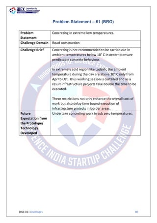 DISC 10 l Challenges 80
Problem Statement – 61 (BRO)
Problem
Statement
Concreting in extreme low temperatures.
Challenge Domain Road construction
Challenge Brief Concreting is not recommended to be carried out in
ambient temperatures below 10° C in order to ensure
predictable concrete behaviour.
In extremely cold region like Ladakh, the ambient
temperature during the day are above 10° C only from
Apr to Oct. Thus working season is curtailed and as a
result infrastructure projects take double the time to be
executed.
These restrictions not only enhance the overall cost of
work but also delay time bound execution of
infrastructure projects in border areas.
Future
Expectation from
the Prototype/
Technology
Developed
Undertake concreting work in sub zero temperatures.
 