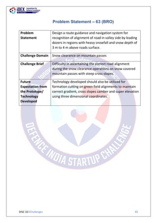 DISC 10 l Challenges 82
Problem Statement – 63 (BRO)
Problem
Statement
Design a route guidance and navigation system for
recognition of alignment of road in valley side by leading
dozers in regions with heavy snowfall and snow depth of
3 m to 4 m above roads surface.
Challenge Domain Snow clearance on mountain passes
Challenge Brief Difficulty in ascertaining the correct road alignment
during the snow clearance operations on snow covered
mountain passes with steep cross slopes.
Future
Expectation from
the Prototype/
Technology
Developed
Technology developed should also be utilized for
formation cutting on green field alignments to maintain
correct gradient, cross slopes camber and super elevation
using three dimensional coordinates.
 