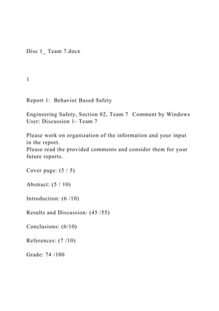 Disc 1_ Team 7.docx
1
Report 1: Behavior Based Safety
Engineering Safety, Section 02, Team 7 Comment by Windows
User: Discussion 1- Team 7
Please work on organization of the information and your input
in the report.
Please read the provided comments and consider them for your
future reports.
Cover page: (5 / 5)
Abstract: (5 / 10)
Introduction: (6 /10)
Results and Discussion: (45 /55)
Conclusions: (6/10)
References: (7 /10)
Grade: 74 /100
 