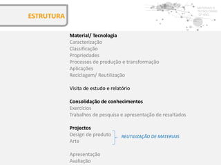 Material/ Tecnologia
Caracterização
Classificação
Propriedades
Processos de produção e transformação
Aplicações
Reciclagem/ Reutilização
Visita de estudo e relatório
Consolidação de conhecimentos
Exercícios
Trabalhos de pesquisa e apresentação de resultados
Projectos
Design de produto
Arte
Apresentação
Avaliação
MATERIAIS E
TECNOLOGIAS
12º ANO
ESTRUTURA
REUTILIZAÇÃO DE MATERIAIS