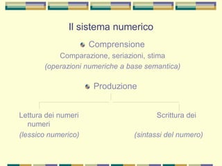Il sistema numerico
Comprensione
Comparazione, seriazioni, stima
(operazioni numeriche a base semantica)
Produzione
Lettura dei numeri Scrittura dei
numeri
(lessico numerico) (sintassi del numero)
 