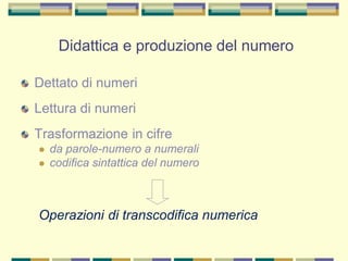 Dettato di numeri
Lettura di numeri
Trasformazione in cifre
 da parole-numero a numerali
 codifica sintattica del numero
Operazioni di transcodifica numerica
Didattica e produzione del numero
 