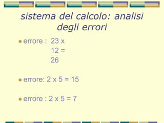 sistema del calcolo: analisi
degli errori
 errore : 23 x
12 =
26
 errore: 2 x 5 = 15
 errore : 2 x 5 = 7
 