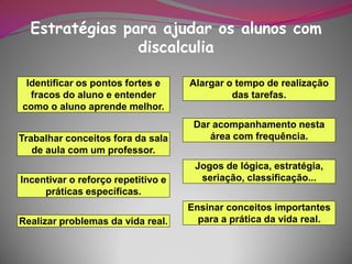 Estratégias para ajudar os alunos com
                discalculia

 Identificar os pontos fortes e     Alargar o tempo de realização
  fracos do aluno e entender                 das tarefas.
como o aluno aprende melhor.
                                     Dar acompanhamento nesta
Trabalhar conceitos fora da sala        área com frequência.
   de aula com um professor.
                                     Jogos de lógica, estratégia,
Incentivar o reforço repetitivo e     seriação, classificação...
     práticas específicas.
                                    Ensinar conceitos importantes
Realizar problemas da vida real.      para a prática da vida real.
 