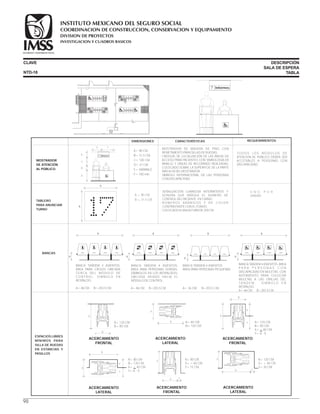 A
B
C
D
FE
Informes?
CLAVE DESCRIPCIÓN
SALA DE ESPERA
TABLA
MOSTRADOR
DE ATENCIÓN
AL PÚBLICO.
ESPACIOS LIBRES
MÍNIMOS PARA
SILLA DE RUEDAS
EN ESTANCIAS Y
PASILLOS
BANCAS
DIMENSIONES CARACTERÍSTICAS REQUERIMIENTOS
· MOSTRADOR DE MADERA DE PINO CON
REMETIMIENTO PARA SILLAS DE RUEDAS.
· CROQUIS DE LOCALIZACIÓN DE LAS ÁREAS DE
ACCESO PARA PACIENTES CON SIMBOLOGÍA EN
BRAILLE Y LÍNEAS DE RECORRIDO REALZADAS,
COLOCADO SOBRE LA SUPERFICIE DE LA PARTE
MÁS ALTA DEL MOSTRADOR.
· SÍMBOLO INTERNACIONAL DE LAS PERSONAS
CON DISCAPACIDAD.
T O D O S LO S M Ó D U LO S D E
ATENCIÓN AL PÚBLICO DEBEN SER
ACCESIBLES A PERSONAS CON
DISCAPACIDAD.
TABLERO
PARA ANUNCIAR
TURNO
A = 90 CM.
B = 31.5 CM.
· SEÑALIZACIÓN LUMINOSA INTERMITENTE Y
SONORA QUE INDIQUE EL NÚMERO DE
CONTROL DEL PACIENTE EN TURNO.
· N Ú M E R O S A R Á B I G O S Y D E C O LO R
CONTRASTANTE CON EL FONDO.
. COLOCADO A UNA ALTURA DE 200 CM.
U N O P O R
UNIDAD
A= 90 CM.
B= 31.5 CM.
C= 105 CM.
D= 37 CM.
E= VARIABLE.
F= 100 mín.
B
A
Informes?
NTD-18
BANCA TANDEM 4 ASIENTOS.
ÁREA PARA PERSONAS PEQUEÑAS.
A= 36 CM. B=203.5 CM.
A
B
BANCA TANDEM 4 ASIENTOS. ÁREA
P A R A P E R S O N A S C O N
DISCAPACIDAD EN MULETAS. CON
ADITAMENTO PARA COLOCAR
MULETAS A LAS ORILLAS DEL
T A N D E M . S Í M B O L O E N
RESPALDO.
A= 46 CM. B=203.5 CM.
A
B
BANCA TANDEM 4 ASIENTOS.
ÁREA PARA PERSONAS SORDAS.
(SÍMBOLOS EN LOS RESPALDOS).
UBICADA VIENDO HACIA EL
MÓDULO DE CONTROL.
A= 46 CM. B=203.5 CM.
A
B
BANCA TANDEM 4 ASIENTOS.
ÁREA PARA CIEGOS UBICADA
CERCA DEL MÓDULO DE
C O N T R O L . S Í M B O LO E N
RESPALDO.
A= 46 CM. B= 203.5 CM.
A
B
A= 120 CM.
B= 80 CM.
X= 60 CM.
Y= A - X

A
Y
X
B
ACERCAMIENTO
FRONTAL
ACERCAMIENTO
FRONTAL
A= 80 CM.
B= 120 CM.
X= 40 CM.
Y= A - X
A
B
X
Y
ACERCAMIENTO
LATERAL
A= 120 CM.
B= 80 CM.
ACERCAMIENTO
FRONTAL
A
B
A= 80 CM.
X=  60 CM.
Y= 15 CM.
YA
X
A= 80 CM.
B= 120 CM.
ACERCAMIENTO
LATERAL
A
B
A= 120 CM.
X=  40 CM.
Y= 30 CM.
A Y
ACERCAMIENTO
LATERAL
X
98
COORDINACION DE CONSTRUCCION, CONSERVACION Y EQUIPAMIENTO
INVESTIGACION Y CUADROS BASICOS
SEGURIDAD Y SOLIDARIDAD SOCIAL
INSTITUTO MEXICANO DEL SEGURO SOCIAL
DIVISION DE PROYECTOS
 