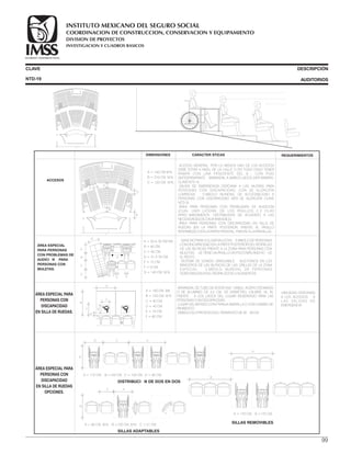 CLAVE DESCRIPCIÓN
AUDITORIOSNTD-19
ACCESOS
ÁREA ESPECIAL PARA
PERSONAS CON
DISCAPACIDAD
EN SILLA DE RUEDAS
OPCIONES.
DIMENSIONES CARACTER STICAS REQUERIMIENTOS
A = 140 CM M N.
B = 210 CM. M N.
C = 120 CM. M N.
.
ACCESO GENERAL POR LO MENOS UNO DE LOS ACCESOS
DEBE ESTAR A NIVEL DE LA CALLE O EN TODO CASO TENER
RAMPA CON UNA PENDIENTE DEL 6 , CON PISO
ANTIDERRAPANTE BARANDAL A AMBOS LADOS (VER RAMPAS,
CLAVE NTD-4)
SALIDA DE EMERGENCIA CERCANA A LAS HILERAS PARA
PERSONAS CON DISCAPACIDAD, CON SE ALIZACIÓN
LUMINOSA S MBOLO MUNDIAL DE ACCESIBILIDAD A
PERSONAS CON DISCAPACIDAD (VER SE ALIZACIÓN CLAVE
NTD-3) .
ÁREA PARA PERSONAS CON PROBLEMAS DE AUDICIÓN
(CUAL UIER LATERAL DE LOS PASILLOS C 2 FILAS
APRO IMADAMENTE DISTRIBUIDAS DE ACUERDO A LAS
NECESIDADES DE CADA INMUEBLE)
ÁREA PARA PERSONAS CON DISCAPACIDAD EN SILLA DE
RUEDAS (EN LA PARTE POSTERIOR, FRENTE AL PASILLO
INTERMEDIO O EN LA PARTE FRONTAL, FRENTE A LA PANTALLA).
ÁREA ESPECIAL
PARA PERSONAS
CON PROBLEMAS DE
AUDICI N PARA
PERSONAS CON
MULETAS.
A = 50 A 76 CM MA .
B = 60 CM.
C = 45 CM.
D = 51 A 76 CM.
E = 15 CM.
F = 6 CM.
G = 140 CM. M N.
A = 100 CM. MA .
B = 125 CM. M N.
C = 40 CM.
D = 40 CM.
E = 10 CM.
F = 60 CM.
GANCHO PARA COLGAR MULETAS S MBOLO DE PERSONAS
CON DISCAPACIDAD EN LA PARTE POSTERIOR DEL RESPALDO
DE LAS BUTACAS FRENTE A LA ZONA PARA PERSONAS CON
MULETAS, UE TIENE UN PASILLO UN POCO MÁS ANCHO UE
EL RESTO.
SISTEMA DE SONIDO GRADUABLE AUD FONOS EN LOS
BRACEROS DE LAS BUTACAS DE LAS ORILLAS DE LA ZONA
ESPECIAL S MBOLO MUNDIAL DE PERSONAS
SORDOMUDAS EN EL RESPALDO DE LOS ASIENTOS.
BARANDAL DE TUBO DE ACERO INO DABLE, ACERO CROMADO
O DE ALUMINIO DE 3.2 CM. DE DIÁMETRO, CALIBRE 16, AL
FRENTE A LOS LADOS DEL LUGAR RESERVADO PARA LAS
PERSONAS CON DISCAPACIDAD.
LUGAR DELIMITADO CON FRANJA AMARILLA O CON CAMBIO DE
PAVIMENTO.
SIMBOLOG A PINTADA EN EL PAVIMENTO DE 40 40 CM.
UBICADAS CERCANAS
A LOS ACCESOS A
L A S S A L I DA S D E
EMERGENCIA.
A
A
C
B
B
C
D
E
B
F
A
A
G
A
C
E
D
F
B
A = 170 CM. B =120 CM. C = 102 CM. D = 85 CM.
B
ACD
DISTRIBUCI N DE DOS EN DOS
A = 85 CM. M N. B =120 CM. M N. C = 51 CM.
B
C A
SILLAS ADAPTABLES
A
B
A = 170 CM. B =170 CM.
SILLAS REMOVIBLES
99
ÁREA ESPECIAL PARA
PERSONAS CON
DISCAPACIDAD
EN SILLA DE RUEDAS.
COORDINACION DE CONSTRUCCION, CONSERVACION Y EQUIPAMIENTO
INVESTIGACION Y CUADROS BASICOS
SEGURIDAD Y SOLIDARIDAD SOCIAL
INSTITUTO MEXICANO DEL SEGURO SOCIAL
DIVISION DE PROYECTOS
 