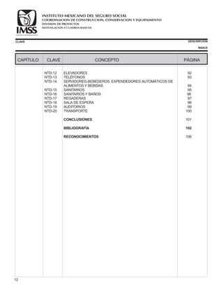 COORDINACION DE CONSTRUCCION, CONSERVACION Y EQUIPAMIENTO
INVESTIGACION Y CUADROS BASICOS
SEGURIDAD Y SOLIDARIDAD SOCIAL
INSTITUTO MEXICANO DEL SEGURO SOCIAL
DIVISION DE PROYECTOS
CLAVE DESCRIPCIÓN
ÍNDICE
CAPÍTULO CLAVE CONCEPTO PÁGINA
12
NTD-12 ELEVADORES 92
NTD-13 TELÉFONOS 93
NTD-14 SERVIDORES-BEBEDEROS. EXPENDEDORES AUTOMÁTICOS DE
ALIMENTOS Y BEBIDAS 94
NTD-15 SANITARIOS 95
NTD-16 SANITARIOS Y BAÑOS 96
NTD-17 REGADERAS 97
NTD-18 SALA DE ESPERA 98
NTD-19 AUDITORIOS 99
NTD-20 TRANSPORTE 100
101
106
CONCLUSIONES
BIBLIOGRAFÍA 102
RECONOCIMIENTOS
 