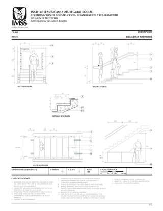 CLAVE DESCRIPCIÓN
ESCALERAS INTERIORES
ESPECIFICACIONES
1.- BARANDAL DE 4 CM. DE DIÁMETRO CON INDICACIONES
DEL NÚMERO DE PISO QUE SE ENCUENTRA EN ALTO
RELIEVE Y EN SISTEMA BRAILLE.
2.- CAMBIO DE TEXTURA A UNA DISTANCIA DE 120 CM. AL
PRINCIPIO Y AL FINAL DE LA ESCALERA.
3.- PERALTE DE COLOR CONTRASTANTE CON LA HUELLA.
4.- SISTEMA DE SEÑALIZACIÓN Y SONIDO PARA
EMERGENCIAS CON LUZ INTERMITENTE EN ROJO Y
AMARILLO.
5.- SUPERFICIE ANTIDERRAPANTE.
6 .- TERMINACIÓN DE BARANDAL EN FORMA REDONDEADA.
7 .- TIRA ANTIDERRAPANTE DE COLOR CONTRASTANTE O
CONCRETO ACABADO MARTELINADO.
8 .- PUNTO DE INTERSECCIÓN LÍMITE PARA EL PASO PEATONAL.
9 .- BARDA, BARANDAL, MACETA O ALGÚN ELEMENTO DE
PROTECCIÓN O AVISO PARA EVITAR CRUCE PEATONAL DEBAJO
DE LAS ESCALERAS.
10.- ÁREA DE DETECCIÓN DEL BASTÓN.
11.- TIRA TÁCTIL DE 15 CM. DE ANCHO, ANTIDERRAPANTE Y DE
COLOR CONTRASTANTE (PUEDE SER DE CAMBIO DE MATERIAL
COMO UNA LOSETA O SIMPLE CAMBIO DE TEXTURA Y COLOR).
12.- PERALTE EN ÁNGULO DE 90
13.- NARÍZ DE 2.5 (MÁX. 3.8) CON INCLINACIÓN DE 60º.
14.- HUELLA DE ESCALÓN EN GRANITO.
º CON HUELLA.
DIMENSIONES GENERALES A PAÑOS A EJES ACOT.
CM.
ESCALA GRÁFICA
0 50 75 100 150 CM.
VISTA FRONTAL
VAR.
MÍN.
210
20 Emergencia
45
4
1
3
ND-22
DETALLE ESCALÓN
34
2.5 2.5 10 19
14
14
7
14
13
VISTA SUPERIOR
2.5 34
BAJA
1
4
5
7
2
150 MÍN.
5 MÍN.
5 MÍN.
11
8
VAR VAR
68
MÁX.
203
10
9
6
1
2
3
15
75
14
VISTA LATERAL
30 30 60
11
75
15
45
60
COORDINACION DE CONSTRUCCION, CONSERVACION Y EQUIPAMIENTO
INVESTIGACION Y CUADROS BASICOS
SEGURIDAD Y SOLIDARIDAD SOCIAL
INSTITUTO MEXICANO DEL SEGURO SOCIAL
DIVISION DE PROYECTOS
 