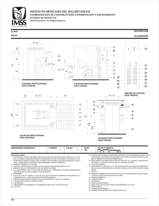 ESPECIFICACIONES
1 .- BOTONESDELLAMADOCONSIMBOLOGÍAENALTORELIEVEYSUSIGNIFICADOENBRAILLE.ALLADO
UNALUZAMARILLAQUEINDICAQUESEHAAPRETADOELBOTÓN, CONSONIDO DEALTAVOZ.LALUZ
SEAPAGARÁCUANDOELCARROHAYALLEGADO, CONUNASEÑALAUDITIVAQUEMARQUESI SUBEO
BAJA, VERBALMENTEOCONUNAODOSCAMPANADAS, RESPECTIVAMENTE.
2 .- CAMBIODEPAVIMENTOOTEXTURA.
3 .- FLECHASLUMINOSASDECOLORESCONTRASTANTESCONUNADIMENSIÓNDE7CM.
4 .- MARCODECOLORCONTRASTANTECONLAPUERTAYLAPARED.
5 .- OJO ELECTRÓNICO QUE ALDETECTAR UN OBSTÁCULO MANTENGA LAS PUERTASABIERTASSIN
NECESIDADDECONTACTO, MÍNIMOPOR20SEGUNDOS.
6 .- PASAMANOS.
7 .- PLACA DE 6 CM. DE ANCHO X 7CM. DE ALTO QUECONTENGAELNÚMERODEPISOENRELIEVE.
NÚMERODE5CM., CONSUEQUIVALENTEENSISTEMABRAILLE.
8 .-TABLERODEBOTONESDECONTROLCONUNAALTURAMÍN.DE 85CM.O120CMMÁX.
9 .-TABLEROINDICADORDELNÚMERODEPISO.
10.- LUZAMARILLA.
11.- SEÑALAMIENTODEEMERGENCIACONSÍMBOLOSGRÁFICOSYDOSTIPOSDELUZ.
12.- LUZROJA.
CLAVE
DIMENSIONES GENERALES A PAÑOS
DESCRIPCIÓN
ELEVADORES
A EJES ESCALA GRÁFICA
13.- ALTAVOZQUETINTINEEALPASARPORLOSPISOSYDIGAVERBALMENTEENQUÉPISOSE
HADETENIDO, ANOMENOSDE20DECIBELESCONUNAFRECUENCIANOMÁSALTADE
1500HZ.TAMBIÉNESALTAVOZDEEMERGENCIA.
14.-SEÑALAMIENTODEEMERGENCIACONDOSTIPOSDELUZ, LAAMARILLAINDICARÁNO
UTILIZARELELEVADORYLAROJA, QUE SE EVACUEELEDIFICIO.
15.- ZOCLODEALUMINIO.
16.- SEÑALAMIENTOLUMINOSODECOLORCONTRASTANTEQUEINDIQUEELNÚMERODE
PISOENQUESEENCUENTREELELEVADORYSEÑALECONFLECHALADIRECCIÓNDEL
MISMO.
17.- SWITCH.
18.- NÚMEROSYSÍMBOLOSENALTORELIEVEDECOLORCONTRASTANTECONELFONDO,
LETRATIPOHELVÉTICAULTRALIGHTDE13MM.
19.- NÚMEROENBRAILLE.
20.- CERRARPUERTA.
21.- BOTÓNROJO.
22.- PARADADEEMERGENCIA.
23.- INDICANIVELDEPISOQUETIENEACCESOPRINCIPALALACALLE.
24.- ABRIRPUERTA.
25.- ALARMADEEMERGENCIA.
26.- ILUMINACIÓNDEMÍNIMO5FOOTCANDLES(53.8LUX).
1
3
5
7
4
6
8
2
ABRIR
ALARMA
CERRAR
ALTO
17
16
18
19
10
20
21
22
23
24
25
12
TABLERO DE CONTROL.
VISTA FRONTAL
1
7
7
2
8
8
ELEVADOR PARTE INTERNA.
VISTA SUPERIOR
min.
170
10
10
min. 1706 120
150
4
ACOT.
CM.
0 50 100 200 400 CM.
ND-24
ELEVADOR PARTE INTERNA.
VISTA FRONTAL
15
13
8
8
10
11
12
9
14
EMERGENCIA
min. 100
10
3020
244
máx.
120
min.
85
20
NPT
EMERGENCIA
NPT
PB 1 2 3 4 5 6 7
ELEVADOR PARTE EXTERNA.
VISTA FRONTAL
3
4
1
5
180
80
5
7
152.5
7.5
10
min. 100
100
PB 1 2 3 4 5 6 7
140
9
7
5
6
5
8
1
26
ELEVADOR PARTE INTERNA.
VISTA LATERAL
14
6
7
55
90
20
2
48
COORDINACION DE CONSTRUCCION, CONSERVACION Y EQUIPAMIENTO
INVESTIGACION Y CUADROS BASICOS
SEGURIDAD Y SOLIDARIDAD SOCIAL
INSTITUTO MEXICANO DEL SEGURO SOCIAL
DIVISION DE PROYECTOS
 