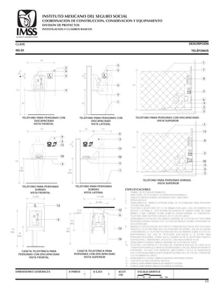 ESPECIFICACIONES
1 .- CAMBIO DE TEXTURA DE PAVIMENTO.
2 .- DIRECTORIO DE TELÉFONOS DE EMERGENCIA EN BRAILLE.
3 .- GANCHO O MÉNSULA PARA COLGAR MULETAS O BASTONES.
4 .- REPISA SIN FILOS.
5 .- SEÑALAMIENTOS, SÍMBOLO INTERNACIONAL DE ACCESIBILIDAD PARA PERSONAS
CON DISCAPACIDAD.
6 .- TELÉFONO CON BOTONES DE 1.5 CM. MÍNIMO POR LADO, CON LOS NÚMEROS EN
RELIEVE Y EN BRAILLE, CON SISTEMA REGULADOR DE SONIDO CAPAZ DE SUBIR
MÍNIMO 12 DBA. Y MÁXIMO 18 DBA. SOBRE EL SONIDO NORMAL. EL CORDÓN DEL
TELÉFONO DEBE SER POR LO MENOS DE 73.5 CM. DE LARGO.
7 .- SEÑALAMIENTO A PLAFÓN CON SÍMBOLO MUNDIAL DE TELÉFONO DE TEXTO PARA
PERSONAS SORDAS Y MUDAS CON FLECHA QUE INDIQUE LA DIRECCIÓN DONDE SE
ENCUENTRA UNO.
8 .- BANQUILLO TIPO ESCALERA DE PLÁSTICO O MADERA QUE PUEDE SER COLOCADO
FRENTE AL TELÉFONO PARA QUE LAS PERSONAS PEQUEÑAS QUE NO ALCANZAN
CÓMODAMENTE EL TELÉFONO PUEDAN HACERLO AL PARARSE SOBRE ÉL( ESTO ES
INDEPENDIENTE DEL USO DE TELÉFONOS ADECUADOS A LA ALTURA PARA
PERSONAS PEQUEÑAS) , O PARA QUE EL USUARIO DE PIE SE SIENTA MÁS CÓMODO
SENTADO EN ÉL. DIMENSIONES: 50 X 30 CM. CON UNA ALTURA DE 45 CM.
9 .- SEÑALAMIENTO A MURO, SÍMBOLO MUNDIAL DE TELÉFONO DE TEXTO.
10.- TELÉFONO CON PANTALLA Y TECLADO DE COMUNICACIÓN QUE SE CONECTA AL
CONMUTADOR PARA QUE SIRVA DE INTERMEDIARIO CON LAS LÍNEAS INTERIORES Y
EXTERIORES, TECLADO CON NÚMEROS, ABECEDARIO Y TECLA DE EMERGENCIA
QUE CONTENGAN SIMBOLOGÍA POR MEDIO DE DIBUJOS Y DE COLOR, CORDÓN DE
73.5 CM. MÍNIMO DE LARGO.
11.- SEÑALAMIENTO A MURO, SÍMBOLO MUNDIAL PERSONAS SORDAS.
12.- CASETA TELEFÓNICA DE METAL SIN FILOS.
13.- ESPACIO LIBRE MÍNIMO PARA ACERCAMIENTO LATERAL.
14.- ESPACIO LIBRE MÍNIMO PARA ACERCAMIENTO FRONTAL.
CLAVE
DIMENSIONES GENERALES A PAÑOS
DESCRIPCIÓN
TELÉFONOS
A EJES ACOT.
CM.
ESCALA GRÁFICA
0 25 50 100 CM.
76 MÍN.
80
MÁX.
120
MÁX.
CASETA TELEFÓNICA PARA
PERSONAS CON DISCAPACIDAD
VISTA FRONTAL
12
6
ND-25
TELÉFONO PARA PERSONAS CON DISCAPACIDAD.
VISTA SUPERIOR
5
3
2
8
4
TELÉFONO PARA PERSONAS SORDAS .
VISTA SUPERIOR
120
140
80
MÁX.
TELÉFONO PARA PERSONAS
SORDAS
VISTA FRONTAL
9
10
11
4
3
80
MAX.
12260
20
TELÉFONO PARA PERSONAS
SORDAS
VISTA LATERAL
9
10
4
1
11
3
20
80
TELÉFONO PARA PERSONAS CON
DISCAPACIDAD
VISTA LATERAL
5
3
4
1
6
120
MÍN.
120 MÍN.
25
MÁX.
80
MÍN.
CASETA TELEFÓNICA PARA
PERSONAS CON DISCAPACIDAD
VISTA SUPERIOR
12
6
80 MÍN.
14
13
120
120
20
20
80
TELÉFONO PARA PERSONAS CON
DISCAPACIDAD
VISTA FRONTAL
5
6
4
3
49
7
1
6
120
9
3
2
8
4
11
1
10
120
COORDINACION DE CONSTRUCCION, CONSERVACION Y EQUIPAMIENTO
INVESTIGACION Y CUADROS BASICOS
SEGURIDAD Y SOLIDARIDAD SOCIAL
INSTITUTO MEXICANO DEL SEGURO SOCIAL
DIVISION DE PROYECTOS
 
