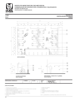 CLAVE DESCRIPCIÓN
HOSPITALIZACIÓN, ENCAMADOS
Y BAÑOS
ESPECIFICACIONES
1.- DISTRIBUCIÓN DE ENCAMADOS.
2.- LAVABO PARA PERSONAS CON DISCAPACIDAD EN SILLA DE RUEDAS A 80 CM. DE ALTURA.
3.- PUERTA PLEGADIZA O CORREDIZA.
4.- TUBO DE ACERO CROMADO, ACERO INOXIDABLE O DE ALUMINIO DE
3.8 CM. ( 1 1 / 2  ) DE DIÁMETRO, CALIBRE 16.
5.- GANCHO PARA COLGAR MULETAS O BASTONES, DE 12 CM. DE LARGO.
6.- UNIDAD MÉDICA DE PARED.
7.- MESILLA.
8.- MANIJA TIPO PALANCA.
9.- VIDRIO DE 6 MM.
10.- MURETE.
11.- APAGADOR CON SEÑALIZACIÓN TIPO LUMINOSA.
12.- CONTACTO ELÉCTRICO POLARIZADO O ALARMA.
13.- PARED.
NOTA.- LA DIMENSIÓN DE LA VENTANA SE ADECUARÁ SEGÚN EL BIOCLIMA.
DIMENSIONES GENERALES A PAÑOS A EJES ACOT.
CM.
ESCALA GRÁFICA
0 100 200 400 CM.
149
8
9
10
ALTURA DE VENTANAS
VISTA LATERAL
116
80
60
APAGADORES, CONTACTOS Y ALARMAS.
VISTA FRONTAL
90 A 110
60
MÁX.
8
11
12
13
ND-35
50
50
715 715
251806040 180 45 50 50200 200 200
160
135200
1615
VISTA SUPERIOR
1040
255
725
100
90
130
90
130
90
50
50
130
100
7
6
1
2
3
5
4
4
62
COORDINACION DE CONSTRUCCION, CONSERVACION Y EQUIPAMIENTO
INVESTIGACION Y CUADROS BASICOS
SEGURIDAD Y SOLIDARIDAD SOCIAL
INSTITUTO MEXICANO DEL SEGURO SOCIAL
DIVISION DE PROYECTOS
 
