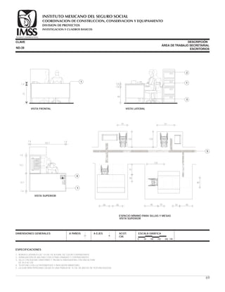 DIMENSIONES GENERALES A PAÑOS A EJES ACOT.
CM.
ESCALA GRÁFICA
0 50 100 150 200 CM.
ESPECIFICACIONES
1.- BORDES LATERALES DE 1.9 CM. DE ALTURA, DE COLOR CONTRASTANTE.
2.- SEÑALIZACIÓN DE ARCHIVO CON LETRAS GRANDES Y CONTRASTANTES.
3.- SILLA CON RUEDAS GIRATORIAS Y PALANCA GRADUADORA CON UNA ALTURA
DE 35 A 5O CM.
4.- TELÉFONO CON LUZ INTERMITENTE E INDICADOR VIBRATORIO.
5.- LA GUÍA PARA PERSONAS CIEGAS ES UNA FRANJA DE 15 CM. DE ANCHO DE TEXTURA RUGOSA.
CLAVE
ÁREA DETRABAJO SECRETARIAL
ESCRITORIOS
DESCRIPCIÓN
1
1.9
75
VISTA FRONTAL
ND-39
3
1
2
VISTA LATERAL
1.9
7.1
1.9
66
5
VISTA SUPERIOR
ESPACIO MÍNIMO PARA SILLAS Y MESAS
80
120
120
70
50
80 5090
80
107
120
50 9080
1
4
73.1
142.7
73.1
1.9
1.9 1.9
1.9
VISTA SUPERIOR
69
COORDINACION DE CONSTRUCCION, CONSERVACION Y EQUIPAMIENTO
INVESTIGACION Y CUADROS BASICOS
SEGURIDAD Y SOLIDARIDAD SOCIAL
INSTITUTO MEXICANO DEL SEGURO SOCIAL
DIVISION DE PROYECTOS
 