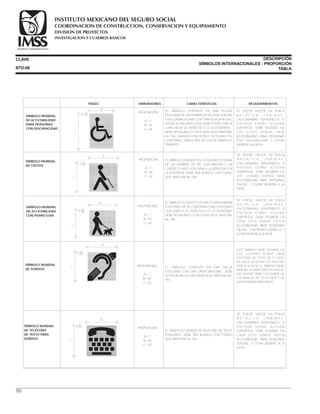 CLAVE DESCRIPCIÓN
SÍMBOLOS INTERNACIONALES - PROPORCIÓN
TABLANTD-06
SÍMBOLO MUNDIAL
DE ACCESIBILIDAD
PARA PERSONAS
CON DISCAPACIDAD
EL SÍMBOLO CONSISTE EN UNA FIGURA
ESTILIZADA DE UN HOMBRE EN SILLA DE RUEDAS
Y UN CUADRO PLANO CON CARA A LA DERECHA.
SI INDICA UNA DIRECCIÓN, DEBE ESTAR CON LA
CARA HACIA LA DERECHA O A LA IZQUIERDA .
DEBE SER BLANCO CON FONDO AZUL PANTONE
No. 294, CUANDO ESTÁ EN PISO, LA FIGURA Y SU
CONTORNO DEBEN SER DE COLOR AMARILLO
TRÁNSITO.
SE PUEDE HACER EN PLACA
M E T Á L I C A , L Á M I N A S ,
CALCOMANÍAS ADHERIBLES O
P I N TA D A S O B R E A L G U N A
SUPERFICIE. DEBE SITUARSE EN
LO S S I T I O S D O N D E H AYA
ACCESIBILIDAD PARA PERSONAS
CON DISCAPACIDAD Y ESTAR
SIEMPRE A LA VISTA.
PROPORCIÓN
A= 1
B=25
C=28
DIMENSIONES CARACTERÍSTICAS REQUERIMIENTOSTRAZO
B
A
C
SE PUEDE HACER EN PLACA
M E T Á L I C A , L Á M I N A S ,
CALCOMANÍAS ADHERIBLES O
P I N TA D A S O B R E A L G U N A
SUPERFICIE. DEBE SITUARSE EN
CADA SITIO DONDE EXISTA
ACCESIBILIDAD PARA PERSONAS
CIEGAS CON PERRO LAZARILLO Y
ESTAR SIEMPRE A LA VISTA.
EL SÍMBOLO CONSISTE EN UNA FIGURA HUMANA
ESTILIZADA, DE PIE CON PERRO GUÍA Y UN PLANO
CON CARA A LA DERECHA O A LA IZQUIERDA.
DEBE SER BLANCO CON FONDO AZUL PANTONE
No. 294.
PROPORCIÓN
A= 1
B=30
C=30
SÍMBOLO MUNDIAL
DE ACCESIBILIDAD
CON PERRO GUÍA
B
A
C
SE PUEDE HACER EN PLACA
M E T Á L I C A , L Á M I N A S ,
CALCOMANÍAS ADHERIBLES O
P I N TA D A S O B R E A L G U N A
SUPERFICIE. DEBE SITUARSE EN
CADA SITIO DONDE EXISTA
ACCESIBILIDAD PARA PERSONAS
SORDAS Y ESTAR SIEMPRE A LA
VISTA.
EL SÍMBOLO CONSISTE EN TELÉFONO DE TEXTO
ESTILIZADO. DEBE SER BLANCO CON FONDO
AZUL PANTONE No. 294.
PROPORCIÓN
A= 1
B=30
C=30
SÍMBOLO MUNDIAL
DE TELÉFONO
DE TEXTO PARA
SORDOS
B
A
C
SE PUEDE HACER EN PLACA
M E T Á L I C A , L Á M I N A S ,
CALCOMANÌAS ADHERIBLES O
P I N TA D A S O B R E A L G U N A
SUPERFICIE. DEBE SITUARSE EN
LOS LUGARES DONDE HAYA
ACCESIBILIDAD PARA PERSONAS
CIEGAS Y ESTAR SIEMPRE A LA
VISTA.
EL SÍMBOLO CONSISTE EN LA FIGURA ESTILIZADA
DE UN HOMBRE DE PIE CON BASTÓN Y UN
CUADRO PLANO CON CARA A LA DERECHA O A
LA IZQUIERDA. DEBE SER BLANCO CON FONDO
AZUL PANTONE No. 294
PROPORCIÓN
A= 1
B=30
C=30
SÍMBOLO MUNDIAL
DE CIEGOS
B
A
C
86
ESTE SÍMBOLO DEBE SITUARSE EN
LOS LUGARES DONDE HAYA
TELÉFONO DE TEXTO. EN EL CASO
DE QUE EL TELÉFONO DE TEXTO NO
ESTÉ A LA VISTA, EL SÍMBOLO DEBE
INDICAR LA DIRECCIÓN EN QUE SE
ENCUENTRA. DEBE COLOCARSE EN
LOS BANCOS DE TELÉFONOS Y EN
LAS ENTRADAS PRINCIPALES.
EL SÍMBOLO CONSISTE EN UNA OREJA
ESTILIZADA CON UNA LÍNEA DIAGONAL. DEBE
SER EN BLANCO CON FONDO AZUL PANTONE No.
294.
PROPORCIÓN
A= 1
B=30
C=30
SÍMBOLO MUNDIAL
DE SORDOS
B
A
C
COORDINACION DE CONSTRUCCION, CONSERVACION Y EQUIPAMIENTO
INVESTIGACION Y CUADROS BASICOS
SEGURIDAD Y SOLIDARIDAD SOCIAL
INSTITUTO MEXICANO DEL SEGURO SOCIAL
DIVISION DE PROYECTOS
 