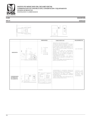 CLAVE DESCRIPCIÓN
SERVICIOS
DIMENSIONES CARACTERÍSTICAS REQUERIMIENTOS
A = 70 CM máx.
B = 7 CM.
C = 90 CM.
D = 120 CM.
E = 40 CM. MÍN.
60 CM. MÁX.
BEBEDEROS
·BEBEDEROS EMPOTRADOS A LA PARED.
·SALIDAD DEL AGUA DEL BEBEDERO, COLOCADA
EN LA PARTE FRONTAL DEL MUEBLE. EL CHORRO
DE AGUA DEBE DE SALIR PARALELAMENTE A LA
PARED Y DEBE ALCANZAR LA ALTURA MÍN. DE 10
CM. ( ALTURA EN QUE ES POSIBLE COLOCAR UN
VASITO DE BAJO )
·BOTÓN A LOS LADOS DEL CONTENEDOR,
SENSIBLE ( EL AGUA SALE CON UNA ALTURA
PROPORCIONAL A LA FUERZA CON QUE ES
APRETADO, YA QUE REQUIERE UN MÍNIMO DE
FUERZA PARA SER ACTIVADO.
·SEÑALAMIENTO EN MURO CON SÍMBOLO
MUNDIAL DE ACCESIBILIDAD A PERSONAS CON
DISCAPACIDAD.
·ESPACIO LIBRE MÍNIMO PARA APROXIMACIÓN DE
FRENTE O LATERAL DE 90 X 120 CM.
UNO POR UNIDAD
A
B
EXPENDEDORES
AUTOMÁTICOS
DE ALIMENTOS
·EXPENDEDORAS DE DIFERENTES PRODUCTOS
CON SUS CONTROLES Y ZONAS DE USO DENTRO
DEL RANGO DE ALCANCE DE LOS USUARIOS.
·SEÑALAMIENTO EN MURO CON SÍMBOLO
INTERNACIONAL DE ACCESIBILIDAD A PERSONAS
CON DISCAPACIDAD..
·ESPACIO LIBRE MÍNIMO PARA APROXIMACIÓN DE
FRENTE O LATERAL DE 90 X 120 CM.
T O D A S L A S
EXPENDEDORAS
DEBEN DE SER
ACCESIBLES PARA
PERSONAS CON
DISCAPACIDAD.
USUARIOS:
45.4 CM.MÁX.A
B
1.- ADULTO
EN SILLA
DE
RUEDAS.
38 CM. MÍN.
120 CM.MÁX. 101.6 CM.MÁX.
2.-NIÑO DE
5 - 12
AÑOS EN
SILLA DE
RUEDAS.
NTD-14
C
B
E
D
A
94
COORDINACION DE CONSTRUCCION, CONSERVACION Y EQUIPAMIENTO
INVESTIGACION Y CUADROS BASICOS
SEGURIDAD Y SOLIDARIDAD SOCIAL
INSTITUTO MEXICANO DEL SEGURO SOCIAL
DIVISION DE PROYECTOS
 