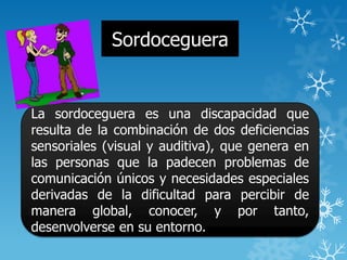 Sordoceguera
La sordoceguera es una discapacidad que
resulta de la combinación de dos deficiencias
sensoriales (visual y auditiva), que genera en
las personas que la padecen problemas de
comunicación únicos y necesidades especiales
derivadas de la dificultad para percibir de
manera global, conocer, y por tanto,
desenvolverse en su entorno.
 