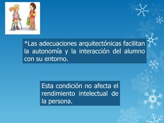 *Las adecuaciones arquitectónicas facilitan
la autonomía y la interacción del alumno
con su entorno.
Esta condición no afecta el
rendimiento intelectual de
la persona.
 