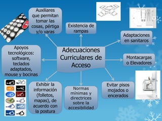 Adecuaciones
Curriculares de
Acceso
Existencia de
rampas
Adaptaciones
en sanitaros
Montacargas
o Elevadores
Evitar pisos
mojados o
encerados
Normas
mínimas y
directrices
sobre la
accesibilidad
Exhibir la
información
(folletos,
mapas), de
acuerdo con
la postura
Apoyos
tecnológicos:
software,
teclados
adaptados,
mouse y bocinas
Auxiliares
que permitan
tomar las
cosas, pértiga
y/o varas
 