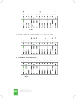 Discapacidad visual.
Guía didáctica para la inclusión
en educación inicial y básica108
5.	 El número restante del dividendo se divide entre el número del divisor.
6.	 El resultado se coloca en la columna L.
M	 L	 K	 J	 I	 H	 G	 F	 E	 D	 C	 B	 A
M	 L	 K	 J	 I	 H	 G	 F	 E	 D	 C	 B	 A
M	 L	 K	 J	 I	 H	 G	 F	 E	 D	 C	 B	 A
2
– 10
= 8
x 5
3	 8	 3 ÷ 4	 5
 