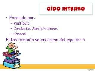 Oído internoFormado por:VestíbuloConductos SemicircularesCaracolEstos también se encargan del equilibrio.