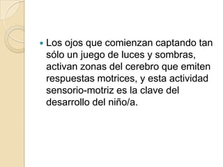  Los ojos que comienzan captando tan
sólo un juego de luces y sombras,
activan zonas del cerebro que emiten
respuestas motrices, y esta actividad
sensorio-motriz es la clave del
desarrollo del niño/a.
 