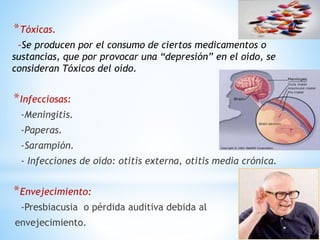 *Tóxicas.
-Se producen por el consumo de ciertos medicamentos o
sustancias, que por provocar una “depresión” en el oído, se
consideran Tóxicos del oído.
*Infecciosas:
-Meningitis.
-Paperas.
-Sarampión.
- Infecciones de oído: otitis externa, otitis media crónica.
*Envejecimiento:
-Presbiacusia o pérdida auditiva debida al
envejecimiento.
 