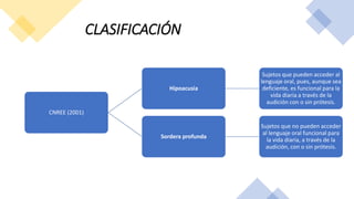 CLASIFICACIÓN
CNREE (2001)
Hipoacusia
Sujetos que pueden acceder al
lenguaje oral, pues, aunque sea
deficiente, es funcional para la
vida diaria a través de la
audición con o sin prótesis.
Sordera profunda
Sujetos que no pueden acceder
al lenguaje oral funcional para
la vida diaria, a través de la
audición, con o sin prótesis.
 