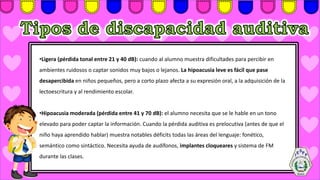 •Ligera (pérdida tonal entre 21 y 40 dB): cuando al alumno muestra dificultades para percibir en
ambientes ruidosos o captar sonidos muy bajos o lejanos. La hipoacusia leve es fácil que pase
desapercibida en niños pequeños, pero a corto plazo afecta a su expresión oral, a la adquisición de la
lectoescritura y al rendimiento escolar.
•Hipoacusia moderada (pérdida entre 41 y 70 dB): el alumno necesita que se le hable en un tono
elevado para poder captar la información. Cuando la pérdida auditiva es prelocutiva (antes de que el
niño haya aprendido hablar) muestra notables déficits todas las áreas del lenguaje: fonético,
semántico como sintáctico. Necesita ayuda de audífonos, implantes cloqueares y sistema de FM
durante las clases.
 