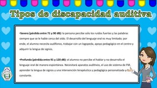 •Severa (pérdida entre 71 y 90 dB): la persona percibe solo los ruidos fuertes y las palabras
siempre que se le hable cerca del oído. El desarrollo del lenguaje oral es muy limitado; por
ende, el alumno necesita audífonos, trabajar con un logopeda, apoyo pedagógico en el centro y
adquirir la lengua de signos.
•Profunda (pérdida entre 91 y 120 dB): el alumno no percibe el hablar y no desarrolla el
lenguaje oral de manera espontánea. Necesitará aparatos auditivos, el uso de sistema de FM,
aprender la lengua de signos y una intervención terapéutica y pedagógica personalizada y
constante.
 