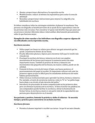 •    Ajustes:	
  proporcionar	
  alternativas	
  a	
  la	
  expresión	
  escrita	
  
     •    Modificaciones:	
  reducir	
  al	
  mínimo	
  las	
  expectativas	
  para	
  evitar	
  la	
  zona	
  de	
  
          debilidad	
  
     •    Remedios:	
  proporcionar	
  instrucciones	
  para	
  mejorar	
  la	
  caligrafía	
  y	
  las	
  
          habilidades	
  de	
  escritura	
  

Se	
  deben	
  considerar	
  todas	
  las	
  estrategias	
  existentes	
  al	
  planear	
  la	
  enseñanza.	
  Una	
  
persona	
  con	
  disgrafía	
  se	
  beneficiará	
  tanto	
  de	
  la	
  ayuda	
  de	
  los	
  especialistas	
  como	
  de	
  
las	
  personas	
  más	
  cercanas.	
  Para	
  encontrar	
  el	
  apoyo	
  más	
  benéfico	
  hay	
  que	
  pasar	
  por	
  
un	
  proceso	
  e	
  intentar	
  diferentes	
  ideas	
  e	
  intercambiar	
  abiertamente	
  pensamientos	
  
sobre	
  lo	
  que	
  funciona	
  mejor.	
  	
  

Ejemplos	
  de	
  cómo	
  enseñar	
  a	
  los	
  individuos	
  con	
  disgrafía	
  a	
  superar	
  algunas	
  de	
  
sus	
  dificultades	
  con	
  la	
  expresión	
  escrita.	
  	
  

Escritores	
  novatos	
  

     •    Utilice	
  papel	
  con	
  líneas	
  en	
  relieve	
  para	
  ofrecer	
  una	
  guía	
  sensorial	
  que	
  les	
  
          ayude	
  a	
  mantenerse	
  dentro	
  de	
  las	
  líneas.	
  
     •    Pruebe	
  diferentes	
  plumas	
  y	
  lápices	
  para	
  encontrar	
  el/la	
  que	
  le	
  resulte	
  más	
  
          cómodo	
  (a).	
  
     •    Practique	
  la	
  escritura	
  de	
  letras	
  y	
  números	
  en	
  el	
  aire	
  con	
  amplios	
  
          movimientos	
  de	
  los	
  brazos	
  para	
  mejorar	
  la	
  memoria	
  motriz	
  de	
  estos	
  
          importantes	
  trazos.	
  También	
  la	
  práctica	
  de	
  letras	
  y	
  números	
  con	
  
          movimientos	
  más	
  pequeños	
  de	
  los	
  brazos,	
  las	
  manos	
  o	
  dedos,	
  puede	
  ser	
  de	
  
          utilidad.	
  
     •    Fomente	
  la	
  forma	
  correcta	
  de	
  tomar	
  el	
  lapiz,	
  una	
  buena	
  postura	
  y	
  el	
  
          posicionamiento	
  del	
  papel	
  al	
  escribir.	
  Es	
  importante	
  reforzar	
  esto	
  ante	
  los	
  
          primeros	
  signos	
  ya	
  que	
  es	
  difícil	
  para	
  los	
  estudiantes	
  deshacerse	
  de	
  malos	
  
          hábitos	
  posteriormente.	
  
     •    Utilice	
  técnicas	
  multisensoriales	
  para	
  aprender	
  las	
  letras,	
  formas	
  y	
  números.	
  
          Por	
  ejemplo,	
  a	
  través	
  de	
  secuencias	
  motoras,	
  como	
  la	
  "b"	
  es	
  "un	
  palito	
  largo	
  
          hacia	
  abajo	
  y	
  un	
  círculo	
  al	
  lado	
  derecho	
  del	
  palito."	
  
     •    Introduzca	
  un	
  procesador	
  de	
  textos	
  computarizado	
  en	
  los	
  primeros	
  años,	
  
          pero	
  sin	
  eliminar	
  la	
  práctica	
  de	
  la	
  escritura..	
  Si	
  bien	
  el	
  teclear	
  las	
  palabras	
  en	
  
          una	
  computadora	
  puede	
  facilitar	
  la	
  escritura	
  y	
  aliviar	
  la	
  frustración	
  de	
  
          formar	
  letras,	
  la	
  escritura	
  a	
  mano	
  es	
  una	
  parte	
  vital	
  de	
  la	
  capacidad	
  de	
  una	
  
          persona	
  para	
  desenvolverse	
  en	
  el	
  mundo.	
  

Sea	
  paciente	
  y	
  positivo,	
  fomente	
  la	
  práctica	
  y	
  alabe	
  el	
  esfuerzo	
  -­	
  Se	
  necesita	
  
tiempo	
  y	
  práctica	
  para	
  convertirse	
  en	
  un	
  buen	
  escritor.	
  

Escritores	
  Jóvenes	
  	
  

     •    Permita	
  al	
  alumno	
  imprimir	
  o	
  escribir	
  sus	
  tareas	
  -­‐	
  lo	
  que	
  le	
  sea	
  más	
  cómodo.	
  



                                                                  30
 