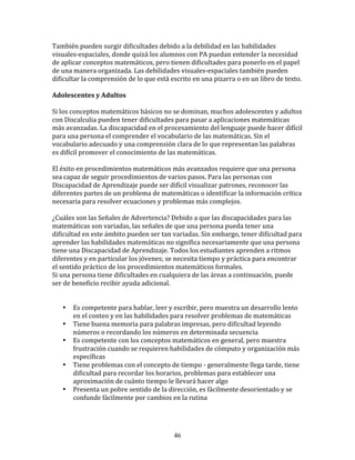 También	
  pueden	
  surgir	
  dificultades	
  debido	
  a	
  la	
  debilidad	
  en	
  las	
  habilidades	
  
visuales-­‐espaciales,	
  donde	
  quizá	
  los	
  alumnos	
  con	
  PA	
  puedan	
  entender	
  la	
  necesidad	
  
de	
  aplicar	
  conceptos	
  matemáticos,	
  pero	
  tienen	
  dificultades	
  para	
  ponerlo	
  en	
  el	
  papel	
  
de	
  una	
  manera	
  organizada.	
  Las	
  debilidades	
  visuales-­‐espaciales	
  también	
  pueden	
  
dificultar	
  la	
  comprensión	
  de	
  lo	
  que	
  está	
  escrito	
  en	
  una	
  pizarra	
  o	
  en	
  un	
  libro	
  de	
  texto.	
  
	
  	
  
Adolescentes	
  y	
  Adultos	
  
	
  
Si	
  los	
  conceptos	
  matemáticos	
  básicos	
  no	
  se	
  dominan,	
  muchos	
  adolescentes	
  y	
  adultos	
  
con	
  Discalculia	
  pueden	
  tener	
  dificultades	
  para	
  pasar	
  a	
  aplicaciones	
  matemáticas	
  
más	
  avanzadas.	
  La	
  discapacidad	
  en	
  el	
  procesamiento	
  del	
  lenguaje	
  puede	
  hacer	
  difícil	
  
para	
  una	
  persona	
  el	
  comprender	
  el	
  vocabulario	
  de	
  las	
  matemáticas.	
  Sin	
  el	
  
vocabulario	
  adecuado	
  y	
  una	
  comprensión	
  clara	
  de	
  lo	
  que	
  representan	
  las	
  palabras	
  
es	
  difícil	
  promover	
  el	
  conocimiento	
  de	
  las	
  matemáticas.	
  
	
  
El	
  éxito	
  en	
  procedimientos	
  matemáticos	
  más	
  avanzados	
  requiere	
  que	
  una	
  persona	
  
sea	
  capaz	
  de	
  seguir	
  procedimientos	
  de	
  varios	
  pasos.	
  Para	
  las	
  personas	
  con	
  
Discapacidad	
  de	
  Aprendizaje	
  puede	
  ser	
  difícil	
  visualizar	
  patrones,	
  reconocer	
  las	
  
diferentes	
  partes	
  de	
  un	
  problema	
  de	
  matemáticas	
  o	
  identificar	
  la	
  información	
  crítica	
  
necesaria	
  para	
  resolver	
  ecuaciones	
  y	
  problemas	
  más	
  complejos.	
  
	
  
¿Cuáles	
  son	
  las	
  Señales	
  de	
  Advertencia?	
  Debido	
  a	
  que	
  las	
  discapacidades	
  para	
  las	
  
matemáticas	
  son	
  variadas,	
  las	
  señales	
  de	
  que	
  una	
  persona	
  pueda	
  tener	
  una	
  
dificultad	
  en	
  este	
  ámbito	
  pueden	
  ser	
  tan	
  variadas.	
  Sin	
  embargo,	
  tener	
  dificultad	
  para	
  
aprender	
  las	
  habilidades	
  matemáticas	
  no	
  significa	
  necesariamente	
  que	
  una	
  persona	
  
tiene	
  una	
  Discapacidad	
  de	
  Aprendizaje.	
  Todos	
  los	
  estudiantes	
  aprenden	
  a	
  ritmos	
  
diferentes	
  y	
  en	
  particular	
  los	
  jóvenes;	
  se	
  necesita	
  tiempo	
  y	
  práctica	
  para	
  encontrar	
  
el	
  sentido	
  práctico	
  de	
  los	
  procedimientos	
  matemáticos	
  formales.	
  
Si	
  una	
  persona	
  tiene	
  dificultades	
  en	
  cualquiera	
  de	
  las	
  áreas	
  a	
  continuación,	
  puede	
  
ser	
  de	
  beneficio	
  recibir	
  ayuda	
  adicional.	
  
	
  
	
  
         • Es	
  competente	
  para	
  hablar,	
  leer	
  y	
  escribir,	
  pero	
  muestra	
  un	
  desarrollo	
  lento	
  
              en	
  el	
  conteo	
  y	
  en	
  las	
  habilidades	
  para	
  resolver	
  problemas	
  de	
  matemáticas	
  
         • Tiene	
  buena	
  memoria	
  para	
  palabras	
  impresas,	
  pero	
  dificultad	
  leyendo	
  
              números	
  o	
  recordando	
  los	
  números	
  en	
  determinada	
  secuencia	
  
         • Es	
  competente	
  con	
  los	
  conceptos	
  matemáticos	
  en	
  general,	
  pero	
  muestra	
  
              frustración	
  cuando	
  se	
  requieren	
  habilidades	
  de	
  cómputo	
  y	
  organización	
  más	
  
              específicas	
  
         • Tiene	
  problemas	
  con	
  el	
  concepto	
  de	
  tiempo	
  -­‐	
  generalmente	
  llega	
  tarde,	
  tiene	
  
              dificultad	
  para	
  recordar	
  los	
  horarios,	
  problemas	
  para	
  establecer	
  una	
  
              aproximación	
  de	
  cuánto	
  tiempo	
  le	
  llevará	
  hacer	
  algo	
  
         • Presenta	
  un	
  pobre	
  sentido	
  de	
  la	
  dirección,	
  es	
  fácilmente	
  desorientado	
  y	
  se	
  
              confunde	
  fácilmente	
  por	
  cambios	
  en	
  la	
  rutina	
  




                                                                   46
 
