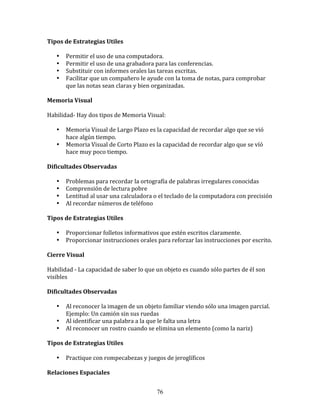 Tipos	
  de	
  Estrategias	
  Utiles	
  
	
  
         • Permitir	
  el	
  uso	
  de	
  una	
  computadora.	
  
         • Permitir	
  el	
  uso	
  de	
  una	
  grabadora	
  para	
  las	
  conferencias.	
  
         • Substituir	
  con	
  informes	
  orales	
  las	
  tareas	
  escritas.	
  
         • Facilitar	
  que	
  un	
  compañero	
  le	
  ayude	
  con	
  la	
  toma	
  de	
  notas,	
  para	
  comprobar	
  
           que	
  las	
  notas	
  sean	
  claras	
  y	
  bien	
  organizadas.	
  
	
  	
  
Memoria	
  Visual	
  
	
  	
  
Habilidad-­‐	
  Hay	
  dos	
  tipos	
  de	
  Memoria	
  Visual:	
  
	
  
         • Memoria	
  Visual	
  de	
  Largo	
  Plazo	
  es	
  la	
  capacidad	
  de	
  recordar	
  algo	
  que	
  se	
  vió	
  
           hace	
  algún	
  tiempo.	
  
         • Memoria	
  Visual	
  de	
  Corto	
  Plazo	
  es	
  la	
  capacidad	
  de	
  recordar	
  algo	
  que	
  se	
  víó	
  
           hace	
  muy	
  poco	
  tiempo.	
  
	
  	
  
Dificultades	
  Observadas	
  
	
  
         • Problemas	
  para	
  recordar	
  la	
  ortografía	
  de	
  palabras	
  irregulares	
  conocidas	
  
         • Comprensión	
  de	
  lectura	
  pobre	
  
         • Lentitud	
  al	
  usar	
  una	
  calculadora	
  o	
  el	
  teclado	
  de	
  la	
  computadora	
  con	
  precisión	
  
         • Al	
  recordar	
  números	
  de	
  teléfono	
  
	
  	
  
Tipos	
  de	
  Estrategias	
  Utiles	
  
	
  
         • Proporcionar	
  folletos	
  informativos	
  que	
  estén	
  escritos	
  claramente.	
  
         • Proporcionar	
  instrucciones	
  orales	
  para	
  reforzar	
  las	
  instrucciones	
  por	
  escrito.	
  
	
  
Cierre	
  Visual	
  
	
  
Habilidad	
  -­‐	
  La	
  capacidad	
  de	
  saber	
  lo	
  que	
  un	
  objeto	
  es	
  cuando	
  sólo	
  partes	
  de	
  él	
  son	
  
visibles	
  
	
  	
  
Dificultades	
  Observadas	
  
	
  	
  
         • Al	
  reconocer	
  la	
  imagen	
  de	
  un	
  objeto	
  familiar	
  viendo	
  sólo	
  una	
  imagen	
  parcial.	
  
           Ejemplo:	
  Un	
  camión	
  sin	
  sus	
  ruedas	
  	
  
         • Al	
  identificar	
  una	
  palabra	
  a	
  la	
  que	
  le	
  falta	
  una	
  letra	
  
         • Al	
  reconocer	
  un	
  rostro	
  cuando	
  se	
  elimina	
  un	
  elemento	
  (como	
  la	
  nariz)	
  
	
  	
  
Tipos	
  de	
  Estrategias	
  Utiles	
  
	
  	
  
         • Practique	
  con	
  rompecabezas	
  y	
  juegos	
  de	
  jeroglíficos	
  
	
  	
  
Relaciones	
  Espaciales	
  


                                                                 76
 