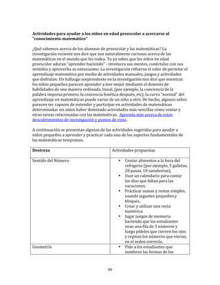  
Actividades	
  para	
  ayudar	
  a	
  los	
  niños	
  en	
  edad	
  preescolar	
  a	
  acercarse	
  al	
  
"conocimiento	
  matemático"	
  
	
  
¿Qué	
  sabemos	
  acerca	
  de	
  los	
  alumnos	
  de	
  preescolar	
  y	
  las	
  matemáticas?	
  La	
  
investigación	
  reciente	
  nos	
  dice	
  que	
  son	
  naturalmente	
  curiosos	
  acerca	
  de	
  las	
  
matemáticas	
  en	
  el	
  mundo	
  que	
  les	
  rodea.	
  Tu	
  ya	
  sabes	
  que	
  los	
  niños	
  en	
  edad	
  
preescolar	
  adoran	
  "aprender	
  haciendo"	
  -­‐	
  involucra	
  sus	
  mentes,	
  conéctalos	
  con	
  sus	
  
sentidos	
  y	
  aprovecha	
  su	
  entusiasmo.	
  La	
  investigación	
  refuerza	
  el	
  valor	
  de	
  permitir	
  el	
  
aprendizaje	
  matemático	
  por	
  medio	
  de	
  actividades	
  manuales,	
  juegos	
  y	
  actividades	
  
que	
  disfrutan.	
  Un	
  hallazgo	
  sorprendente	
  en	
  la	
  investigación	
  nos	
  dice	
  que	
  mientras	
  
los	
  niños	
  pequeños	
  parecen	
  aprender	
  a	
  leer	
  mejor	
  mediante	
  el	
  dominio	
  de	
  
habilidades	
  de	
  una	
  manera	
  ordenada,	
  lineal,	
  (por	
  ejemplo,	
  la	
  conciencia	
  de	
  la	
  
palabra	
  impresa	
  primero,	
  la	
  concencia	
  fonética	
  después,	
  etc),	
  la	
  curva	
  "normal"	
  del	
  
aprendizaje	
  en	
  matemáticas	
  puede	
  variar	
  de	
  un	
  niño	
  a	
  otro.	
  De	
  hecho,	
  algunos	
  niños	
  
parecen	
  ser	
  capaces	
  de	
  entender	
  y	
  participar	
  en	
  actividades	
  de	
  matemáticas	
  
determinadas	
  sin	
  antes	
  haber	
  dominado	
  actividades	
  más	
  sencillas	
  como	
  contar	
  y	
  
otras	
  tareas	
  relacionadas	
  con	
  las	
  matemáticas.	
  	
  Aprenda	
  más	
  acerca	
  de	
  estos	
  
descubrimientos	
  de	
  investigación	
  y	
  puntos	
  de	
  vista	
  .	
  
	
  
A	
  continuación	
  se	
  presentan	
  algunas	
  de	
  las	
  actividades	
  sugeridas	
  para	
  ayudar	
  a	
  
niños	
  pequeños	
  a	
  aprender	
  y	
  practicar	
  cada	
  uno	
  de	
  los	
  aspectos	
  fundamentales	
  de	
  
las	
  matemáticas	
  tempranas.	
  
	
  	
  
Destreza	
                                                      Actividades	
  propuestas	
  
	
  
Sentido	
  del	
  Número	
                                              • Contar	
  alimentos	
  a	
  la	
  hora	
  del	
  
	
                                                                         refrigerio	
  (por	
  ejemplo,	
  5	
  galletas,	
  
                                                                           20	
  pasas,	
  10	
  zanahorias).	
  
                                                                        • Usar	
  un	
  calendario	
  para	
  contar	
  
                                                                           los	
  días	
  que	
  faltan	
  para	
  las	
  
                                                                           vacaciones.	
  
                                                                        • Prácticar	
  sumas	
  y	
  restas	
  simples,	
  
                                                                           usando	
  juguetes	
  pequeños	
  y	
  
                                                                           bloques.	
  
                                                                        • Crear	
  y	
  utilizar	
  una	
  recta	
  
                                                                           numérica.	
  
                                                                        • Jugar	
  juegos	
  de	
  memoria	
  
                                                                           haciendo	
  que	
  los	
  estudiantes	
  
                                                                           vean	
  una	
  fila	
  de	
  3	
  números	
  y	
  
                                                                           luego	
  pídeles	
  que	
  cierren	
  los	
  ojos	
  
                                                                           y	
  repitan	
  los	
  números	
  que	
  vieron,	
  
                                                                           en	
  el	
  orden	
  correcto.	
  
Geometría	
                                                             • Pide	
  a	
  los	
  estudiantes	
  que	
  
                                                                           nombren	
  las	
  formas	
  de	
  los	
  



                                                             99
 