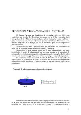 24
DEFICIENCIAS Y DISCAPACIDADES EN AUSTRALIA
El Centro Nacional de Estadística de Australia realizó en 1990 unas
estadísticas que seguían las directrices propuestas por la ONU, y recogían datos
demográficos de la población discapacitada, sobre la vivienda y las ayudas recibidas, y
sobre la educación y el empleo. Adjunta un glosario con todas las definiciones de los
términos empleados en el trabajo que nos es de utilidad para poder comparar sus
estudios con otros.
Se define discapacitado a aquella persona que tiene una o más alteraciones que
duran más de 6 meses o que es probable que las vaya a presentar.
Minusválido es una persona mayor de 5 años, discapacitada, que tiene
especificado el grado de discapacidad que presenta respecto a la capacidad de
autocuidado, movimiento, comunicación verbal, escolarización y empleo. En los niños
menores de 5 años no se especifica el área de la vida en el que tiene una discapacidad.
En los estudios australianos un 3% de niños de 0 a 4 años son discapacitados. El
segundo grupo de edad engloba de los 6 a los 65 años, por lo que los datos respecto a la
edad pediátrica están mezclados. En general, el 14% de la población tiene algún tipo de
discapacidad.
Porcentaje de niños menores de 4 años con discapacidad
3%
97%
Niños discapacitados
Niños sin discapacidad
El resto de las estadísticas versan sobre los grupos de niños con edades mayores
de 4 años. La minusvalía más frecuente es del movimiento, el autocuidado o la
comunicación. En las estadísticas se recoge que 4 de cada 10 personas mayores de 5
 