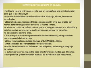 ESTRATEGIAS PEDAGÓGICAS EN EL AULA
-Facilitar la tutoría entre pares, en la que un compañero sea un interlocutor
para que le pueda apoyar.
-Potenciar habilidades a través de lo escrito, el dibujo, el arte, las nuevas
tecnologías
-Ubicar al niño con restos auditivos en una posición en la que el oído con
menor pérdida tenga acceso directo a la fuente sonora.
Incluirlos en clases de música puesto que son muy perceptivos a la vibración y
esto les motiva a moverse; se suele pensar que porque no escuchan
no es necesario asistir a ellas.
-Ofrecer explicaciones complementarias individualmente, para garantizar
que comprenda la instrucción.
-Utilizar recursos tecnológicos (Globus, LPC, SIMICOLE, JClick).
-Evitar actitudes de sobreprotección o desatención.
-Rotular las dependencias del centro con imágenes, palabras y/o lenguaje
de señas.
-El aula debe tener en lo posible poca interferencia de ruidos que dificulten
la comprensión y discriminación auditiva de estudiantes con hipoacusia.
 