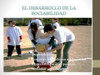 Dependencia
Son mas inmaduros en lo social
Egocéntricos mas pasivos
Aislados socialmente
 