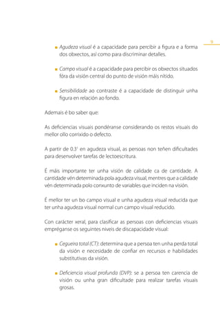 9
    ■   Agudeza visual é a capacidade para percibir a figura e a forma
        dos obxectos, así como para discriminar detalles.

    ■   Campo visual é a capacidade para percibir os obxectos situados
        fóra da visión central do punto de visión máis nítido.

    ■   Sensibilidade ao contraste é a capacidade de distinguir unha
        figura en relación ao fondo.

Ademais é bo saber que:

As deficiencias visuais pondéranse considerando os restos visuais do
mellor ollo corrixido o defecto.

A partir de 0.31 en agudeza visual, as persoas non teñen dificultades
para desenvolver tarefas de lectoescritura.

É máis importante ter unha visión de calidade ca de cantidade. A
cantidade vén determinada pola agudeza visual, mentres que a calidade
vén determinada polo conxunto de variables que inciden na visión.

É mellor ter un bo campo visual e unha agudeza visual reducida que
ter unha agudeza visual normal cun campo visual reducido.

Con carácter xeral, para clasificar as persoas con deficiencias visuais
empréganse os seguintes niveis de discapacidade visual:

    ■   Cegueira total (CT): determina que a persoa ten unha perda total
        da visión e necesidade de confiar en recursos e habilidades
        substitutivas da visión.

    ■   Deficiencia visual profunda (DVP): se a persoa ten carencia de
        visión ou unha gran dificultade para realizar tarefas visuais
        grosas.
 