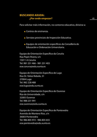 BUSCANDO AXUDA:
           ¿Por onde empezar?                                          45


Para solicitar máis información, no contorno educativo, dirixirse a:

    ■   Centros de ensinanza.

    ■   Servizos provinciais de Inspección Educativa.

    ■   Equipos de orientación específicos da Consellería de
        Educación e Ordenación Universitaria.

Equipo de Orientación Específico da Coruña
Rúa Pepín Rivero, s/n
15011 A Coruña
Tel. 981 251 466 - 981 251 403
eoe.coruna@edu.xunta.es

Equipo de Orientación Específico de Lugo
Rúa Dr. Yáñez Rebolo, 31
27004 Lugo
Tel. 982 228 488
eoe.lugo@edu.xunta.es

Equipo de Orientación Específico de Ourense
Rúa da Universidade, s/n
32005 Ourense
Tel. 988 231 991
eoe.ourense@edu.xunta.es

Equipo de Orientación Específico de Pontevedra
Avenida de Montero Ríos, s/n
36003 Pontevedra
Tel. 986 805 972 - 986 805 655
eoe.pontevedra@edu.xunta.es
 