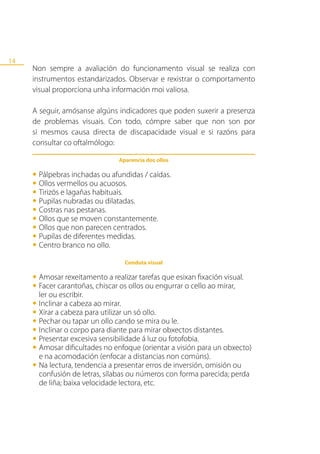 14
     Non sempre a avaliación do funcionamento visual se realiza con
     instrumentos estandarizados. Observar e rexistrar o comportamento
     visual proporciona unha información moi valiosa.

     A seguir, amósanse algúns indicadores que poden suxerir a presenza
     de problemas visuais. Con todo, cómpre saber que non son por
     si mesmos causa directa de discapacidade visual e si razóns para
     consultar co oftalmólogo:

                                 Aparencia dos ollos

     •	Pálpebras inchadasacuosos. / caídas.
                           ou afundidas
     •	Ollos vermellos ou
     •	Tirizós enubradashabituais.
                 lagañas
     •	Costras nas pestanas.dilatadas.
       Pupilas           ou
     •	Ollos que se moven constantemente.
     •	Ollos que non parecen centrados.
     •	Pupilas de diferentes medidas.
     •	Centro branco no ollo.
     •	
                                   Conduta visual

     •	Amosar rexeitamento a realizar tarefas que esixan fixación visual.
     •	Facer carantoñas, chiscar os ollos ou engurrar o cello ao mirar,
       ler ou escribir.
     •	Inclinarcabeza para utilizar un só ollo.
                a cabeza ao mirar.
     •	Xirar a ou tapar un ollo cando se mira ou le.
     •	Pechar o corpo para diante para mirar obxectos distantes.
     •	Inclinar excesiva sensibilidade á luz ou fotofobia.
     •	Presentar
     •	Amosar dificultades(enfocar a distancias nonvisión para un obxecto)
       e na acomodación
                            no enfoque (orientar a
                                                     comúns).
     •	confusión de letras, sílabas ou números con forma parecida; perda
       Na lectura, tendencia a presentar erros de inversión, omisión ou

       de liña; baixa velocidade lectora, etc.
 