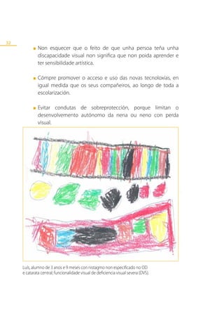 32
           ■   Non esquecer que o feito de que unha persoa teña unha
               discapacidade visual non significa que non poida aprender e
               ter sensibilidade artística.

           ■   Cómpre promover o acceso e uso das novas tecnoloxías, en
               igual medida que os seus compañeiros, ao longo de toda a
               escolarización.

           ■   Evitar condutas de sobreprotección, porque limitan o
               desenvolvemento autónomo da nena ou neno con perda
               visual.




     Luís, alumno de 3 anos e 9 meses con nistagmo non especificado no OD
     e catarata central; funcionalidade visual de deficiencia visual severa (DVS).
 
