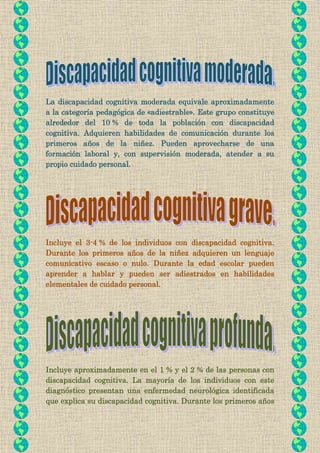 La discapacidad cognitiva moderada equivale aproximadamente
a la categoría pedagógica de «adiestrable». Este grupo constit...