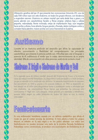 Alteración genética del par 21 que presenta tres cromosomas (trisomía 21); uno de
cada 700 niños nace con este síndrome, e...