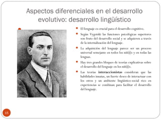 Aspectos diferenciales en el desarrollo
evolutivo: desarrollo lingüístico
15
.  El lenguaje es crucial para el desarrollo cognitivo.
 Según Vygotski las funciones psicológicas superiores
son fruto del desarrollo social y se adquieren a través
de la internalización del lenguaje.
 La adquisición del lenguaje parece ser un proceso
universal semejante en todos los niñ@s y en todas las
lenguas.
 Hay tres grandes bloques de teorías explicativas sobre
el desarrollo del lenguaje en los niñ@s.
 Las teorías interaccionistas consideran que las
habilidades innatas, un fuerte deseo de interactuar con
los otros y un ambiente lingüístico-social rico en
experiencias se combinan para facilitar el desarrollo
del lenguaje.
 