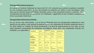 Discapacidad intelectual grave:
Es cuando el Cociente Intelectual se haya entre 20 y 35, haciendo que quienes la padecen necesiten
de una constante supervisión, ya que casi siempre se presenta con daños a nivel neurológico. Esto
hace que el individuo tenga habilidades reducidas, poca o nula compresión lectora y numérica. Aquí,
normalmente las personas se comunican con holofrases. Legalmente se les considera incapaces de
tomar sus propias decisiones.
Discapacidad intelectual profunda:
Es uno de los más infrecuentes, y es el de los diferentes tipos de discapacidad intelectual el más
temido por los padres, pues quienes la padecen tienen una capacidad de cociente intelectual menor a
20. Esto implica un cuidado de forma permanente y la tasa de supervivencia es muy baja, ya que
suele aparecer acompañada de problemas neurológicos, entre otros. Sus habilidades motoras son
limitadas y su capacidad comunicativa es bastante baja o inexistente.
 