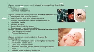 Algunas causas que pueden producirse durante el nacimiento son:
- Falta de oxígeno (hipoxia)
- Prematuridad extrema
Algunas causas que pueden producirse después del
nacimiento son:
- Infecciones del encéfalo (como la meningitis y la encefalitis)
- Traumatismo craneal grave
- Déficit en la nutrición del niño
- Abandono emocional grave o maltrato psicológico verbal o
físico
- Venenos (como el plomo y el mercurio)
Algunas causas que pueden ocurrir antes de la concepción o durante ésta
incluyen:
- Trastornos hereditarios
- Anomalías cromosómicas
Algunas causas que pueden producirse durante el embarazo son:
- Déficit grave en la nutrición materna
- Infecciones por virus de la inmunodeficiencia
humana, citomegalovirus, herpes, toxoplasmosis, etc.
- Sustancias tóxicas
- Alcohol, fármacos
- Desarrollo anómalo del cerebro
- Preeclampsia y nacimientos múltiples
 